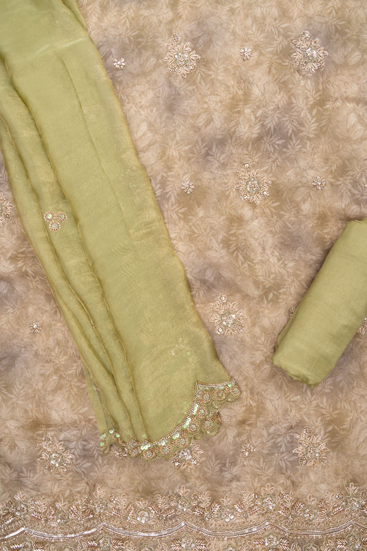 Soft Heritage Pista  Organza Unstitched Salwar Suit With Organza Dupatta