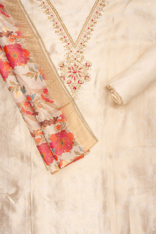 Effortlesly Beautiful Off White Banarasi Silk Unstitched Salwar Suit With Silk Dupatta