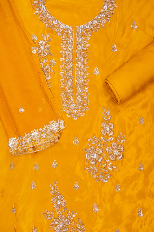 Raw Elegance Mustard Organza Unstitched Salwar Suit With Chiffon Dupatta