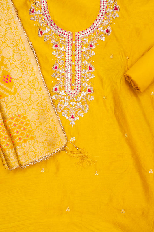 Raw Elegance Mustard Chanderi Cotton Unstitched Salwar Suit With Cotton Dupatta