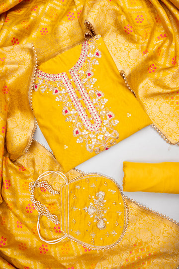 Raw Elegance Mustard Chanderi Cotton Unstitched Salwar Suit With Cotton Dupatta