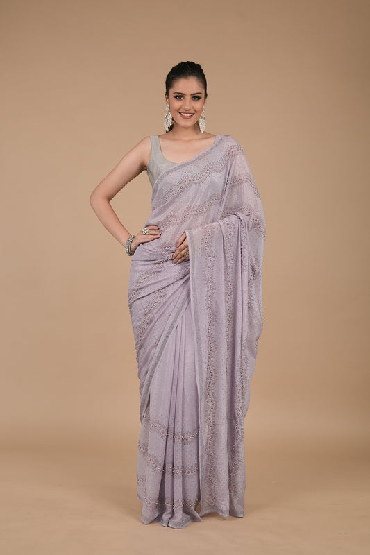 Mauve embroidered Swarovski & Beadwork Chinon Saree with Unstitched Blouse