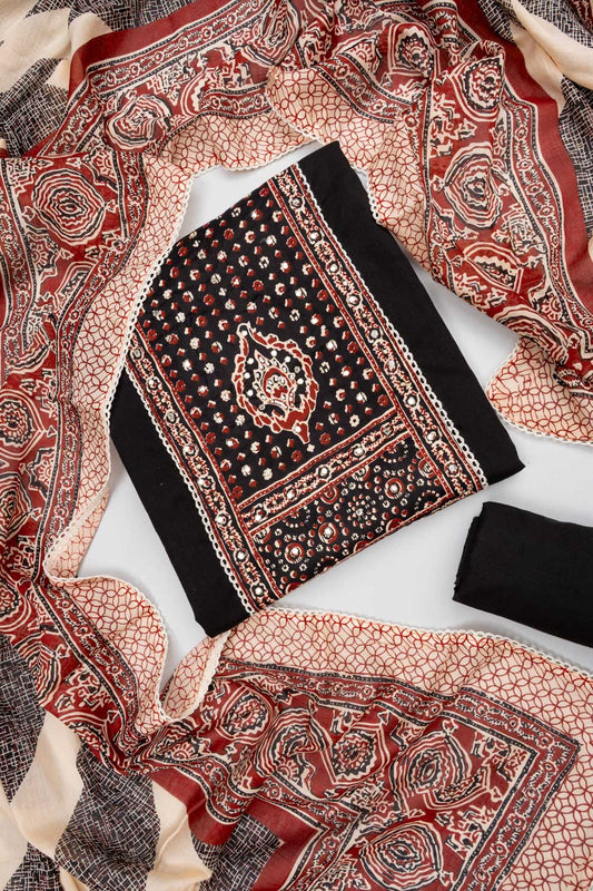 Bold Statement Black Cotton Unstitched Salwar Suit With Cotton Dupatta