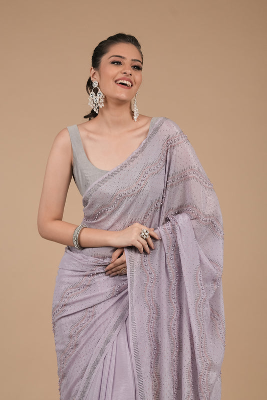 Mauve embroidered Swarovski & Beadwork Chinon Saree with Unstitched Blouse