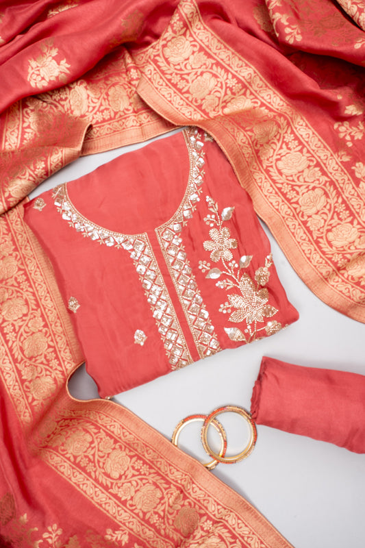 Charm Dark Gajari Organza Unstitched Salwar Suit With Dola Dupatta