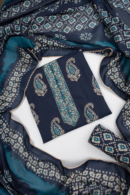 Navy Blue Cotton Unstitched Salwar Suit With Cotton Dupatta