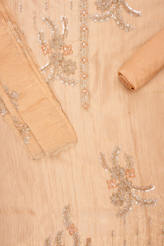 Blush Elegance Peach Crepe Tissue Unstitched Salwar Suit With Tissue Dupatta