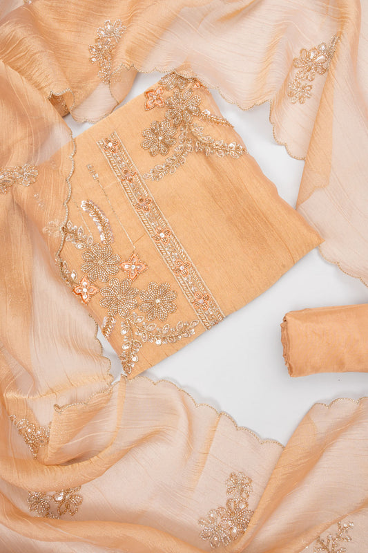 Blush Elegance Peach Crepe Tissue Unstitched Salwar Suit With Tissue Dupatta