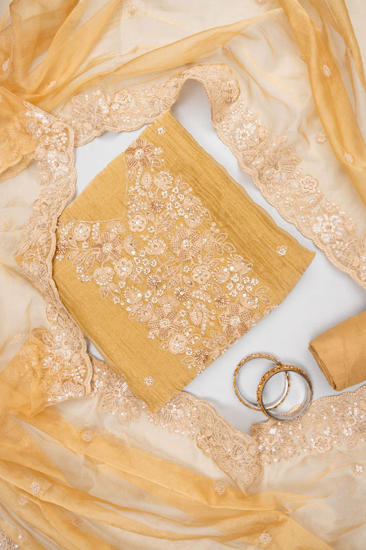 Raw Elegance Mustard Crush Tissue  Unstitched Salwar Suit With Organza Dupatta