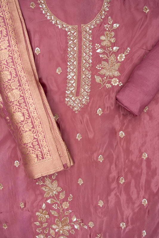 Delicate And Dreamy Mauve Organza Unstitched Salwar Suit With Dola Dupatta