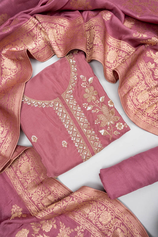 Delicate And Dreamy Mauve Organza Unstitched Salwar Suit With Dola Dupatta