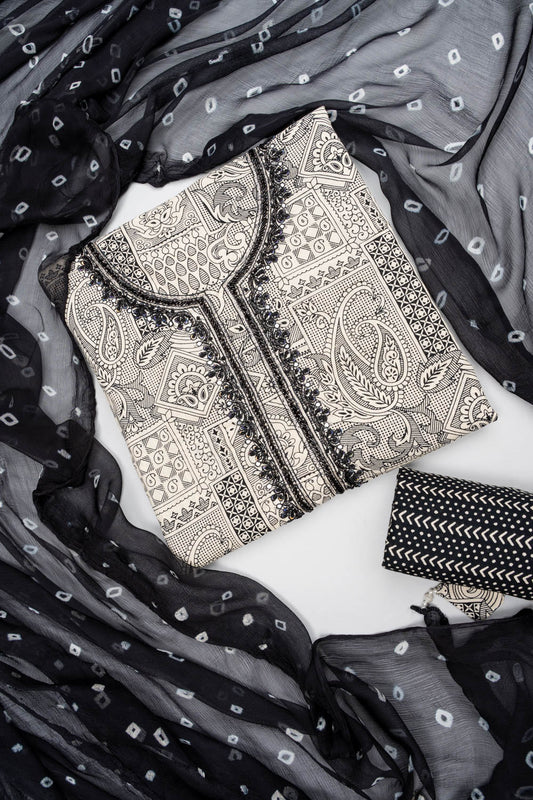 Timeless Beauty Tussar Black Cotton Unstitched Salwar Suit With Cotton Dupatta