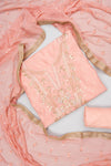 Blush Elegance Peach Chanderi Cotton Unstitched Salwar Suit With Chiffon Dupatta