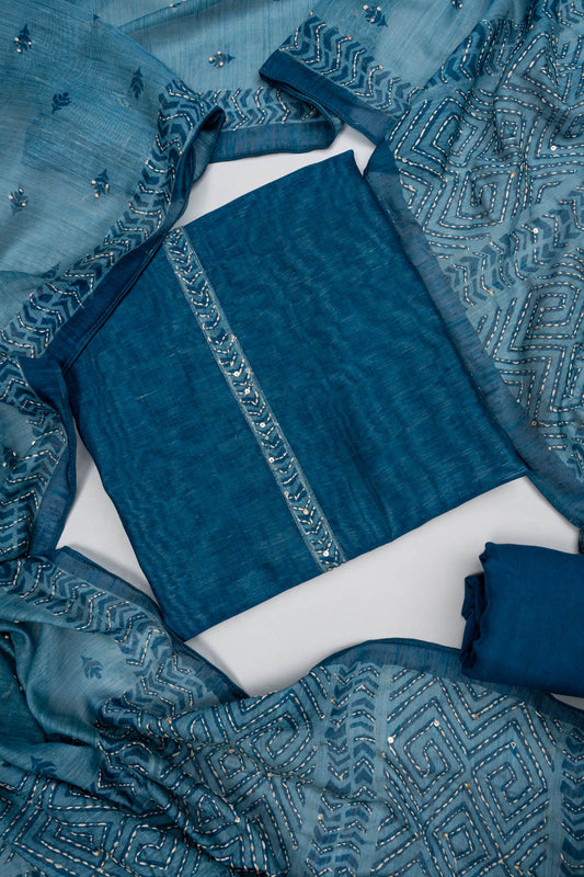 Midnight Blue Cotton Unstitched Salwar Suit With Cotton Dupatta