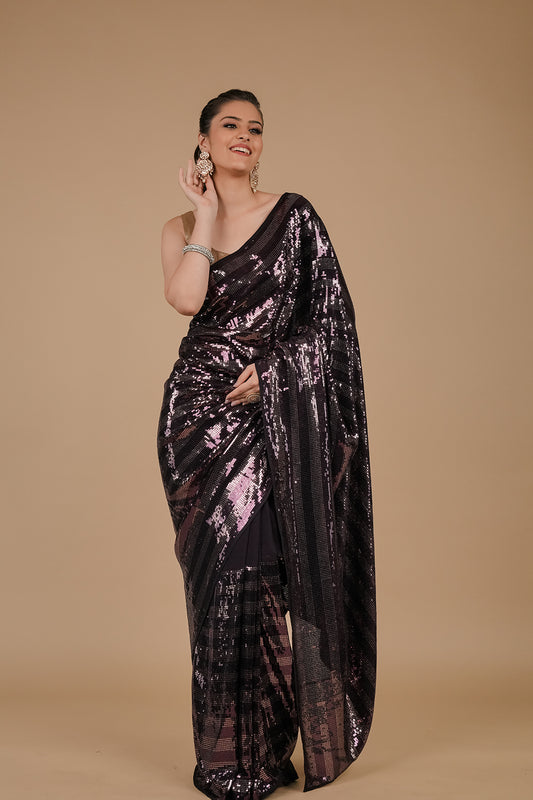 Wine Sequence Embroidered Georgette Designer Saree With Unstitched Blouse