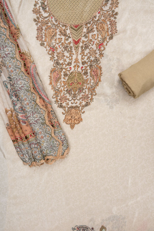 Effortlessly Beautiful Off White Olive Crepe Unstitched Salwar Suit With Crepe Dupatta