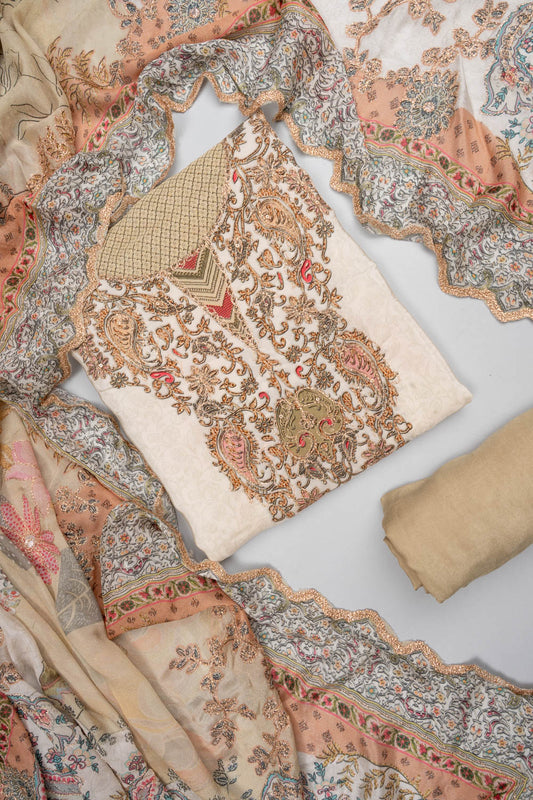 Effortlessly Beautiful Off White Olive Crepe Unstitched Salwar Suit With Crepe Dupatta