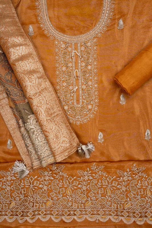 Raw Elegance Mustard Shimmer Unstitched Salwar Suit With Dola Dupatta