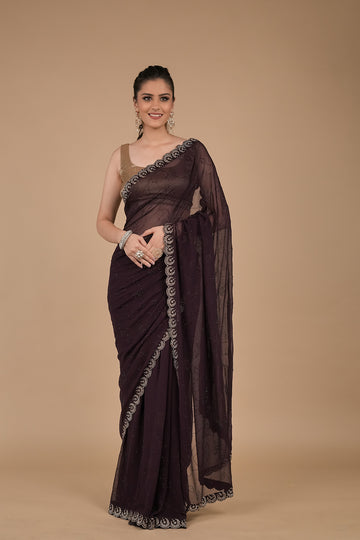 Wine Swarovski Embroidered Georgette Saree With Unstitched Blouse