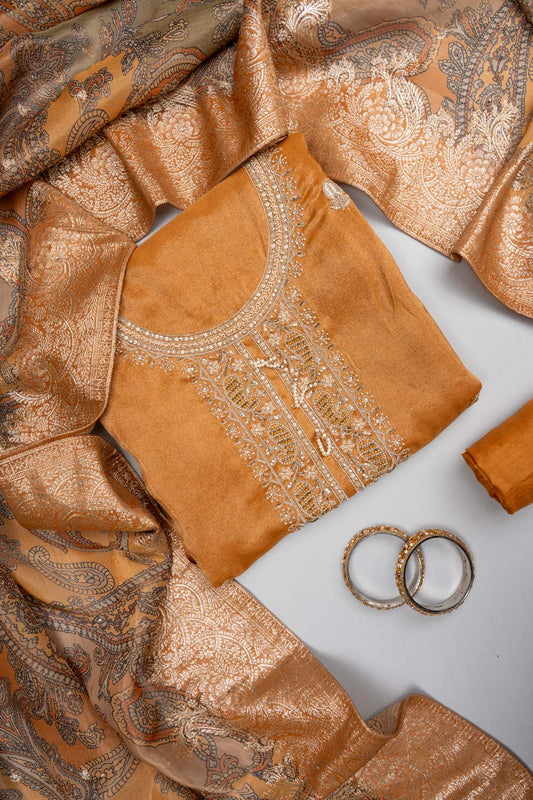 Raw Elegance Mustard Shimmer Unstitched Salwar Suit With Dola Dupatta
