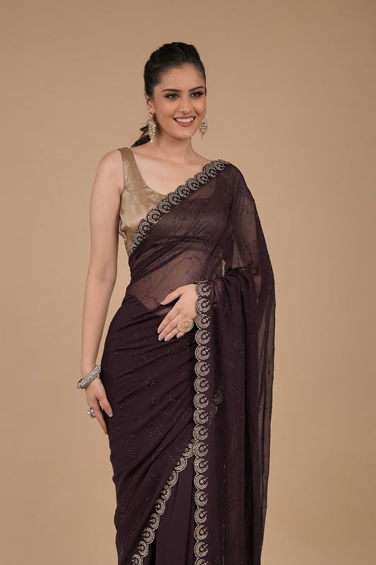 Wine Swarovski Embroidered Georgette Saree With Unstitched Blouse