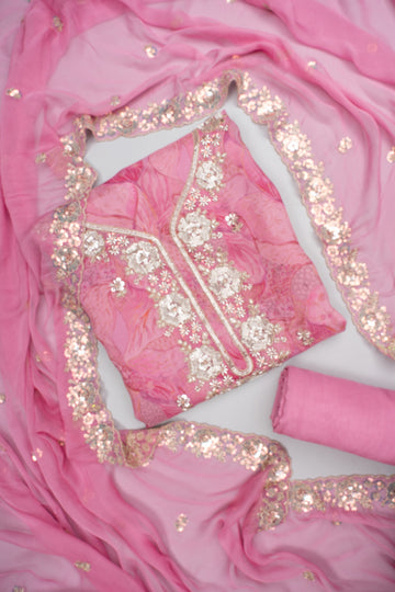 Eternal Bloom Pink Organza Unstitched Salwar Suit With Organza Dupatta