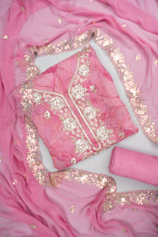 Eternal Bloom Pink Organza Unstitched Salwar Suit With Organza Dupatta