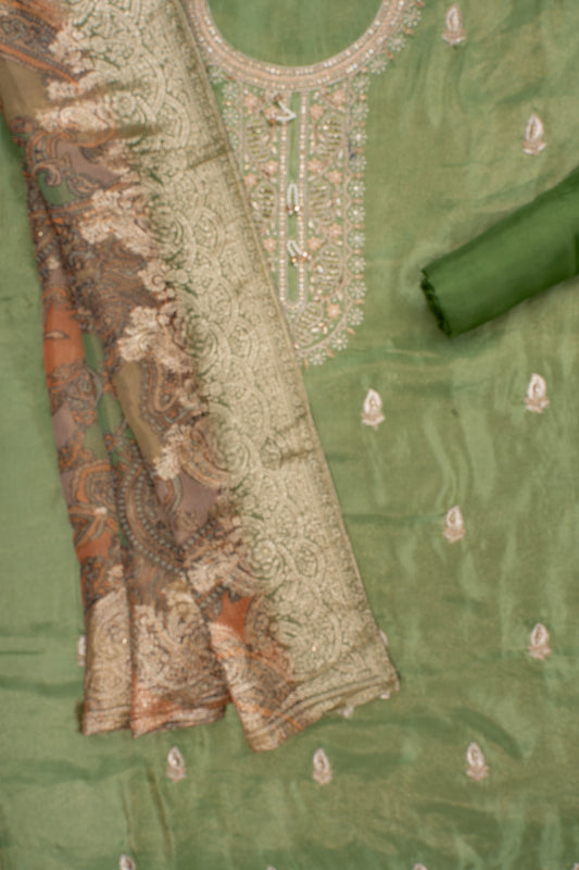 Heritage Charm Mehndi Shimmer Unstitched Salwar Suit With Dola Dupatta