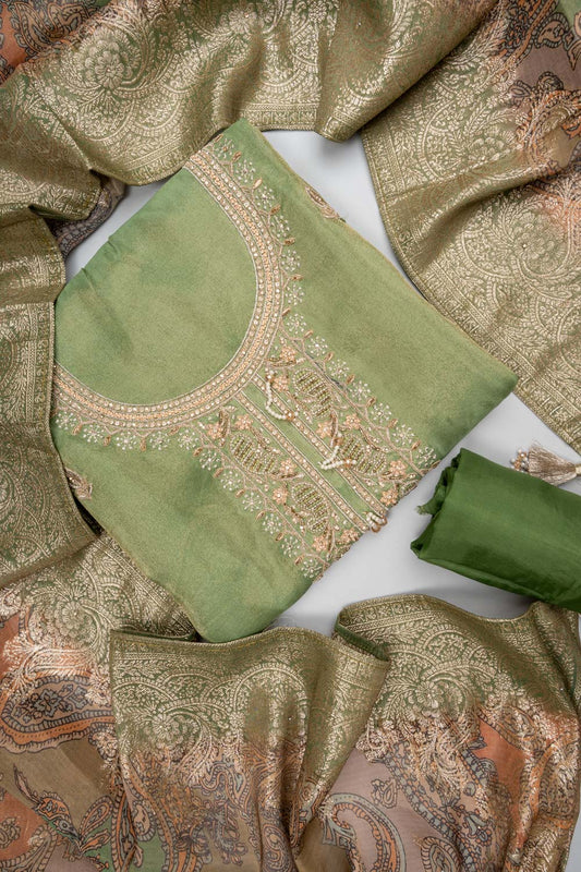 Heritage Charm Mehndi Shimmer Unstitched Salwar Suit With Dola Dupatta
