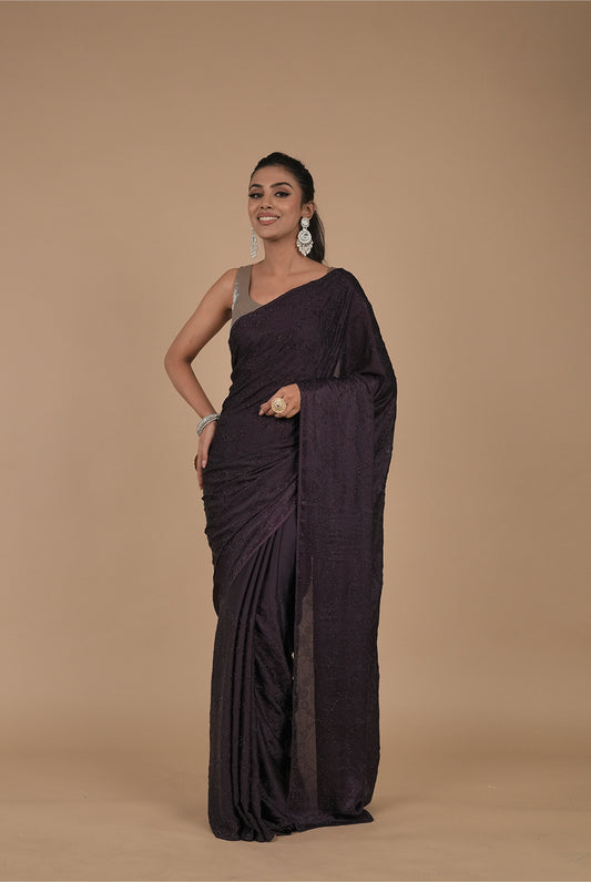 Wine Embroidered Swarovski Designer Satin Saree With Unstitched Blouse