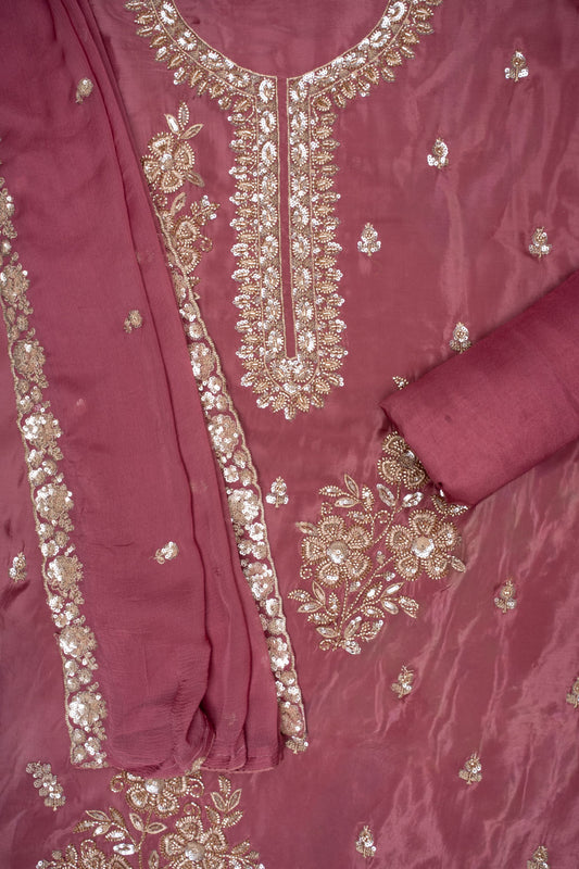 Charm Dark Gajari Organza Unstitched Salwar Suit With Chiffon Dupatta