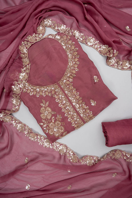 Charm Dark Gajari Organza Unstitched Salwar Suit With Chiffon Dupatta