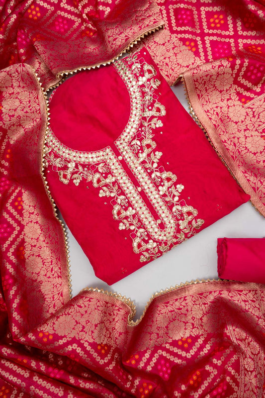 Timeless Elegance Rani Chanderi Cotton Unstitched Salwar Suit With Banarasi Cotton Dupatta