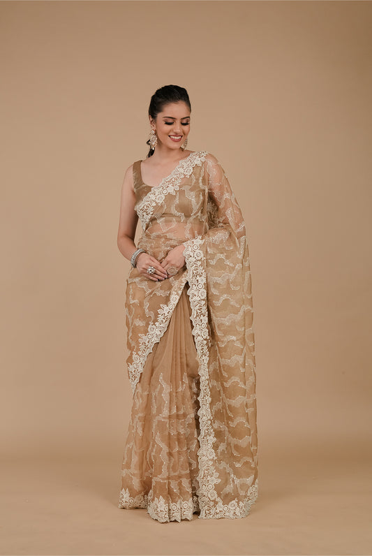 Tussar Swarovski, Sequence & Threadwork, Embroidered Organza Saree With Unstitched Blouse