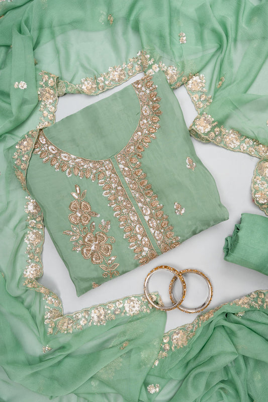 Pastel Majesty Mint Green Organza Unstitched Salwar Suit With Chiffon Dupatta