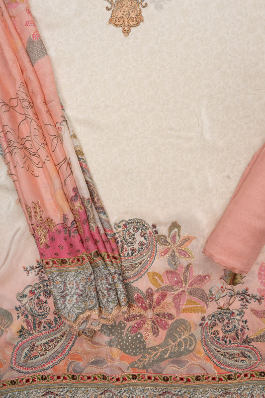 Effortlessly Beautiful Off White Peach Crepe Unstitched Salwar Suit With Crepe Dupatta