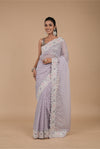 Mauve Sequence & Threadwork, Embroidered Designer Organza Saree With Unstitched Blouse