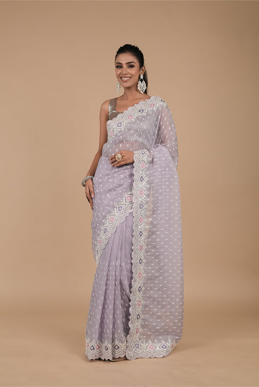 Mauve Sequence & Threadwork, Embroidered Designer Organza Saree With Unstitched Blouse