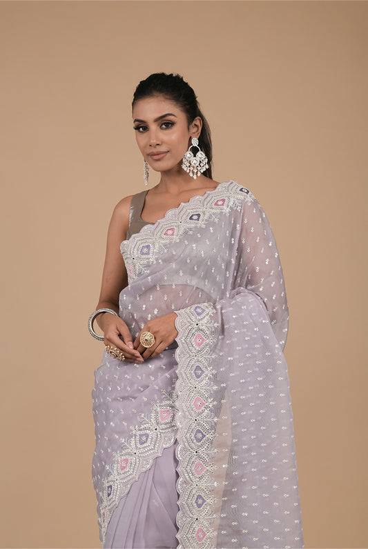 Mauve Sequence & Threadwork, Embroidered Designer Organza Saree With Unstitched Blouse