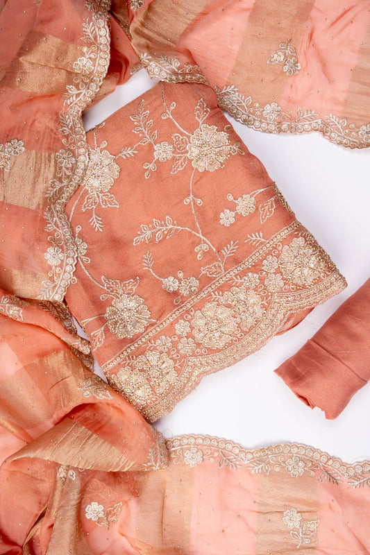 Peach Organza Unstitched Salwar Suit With Tissue Dupatta