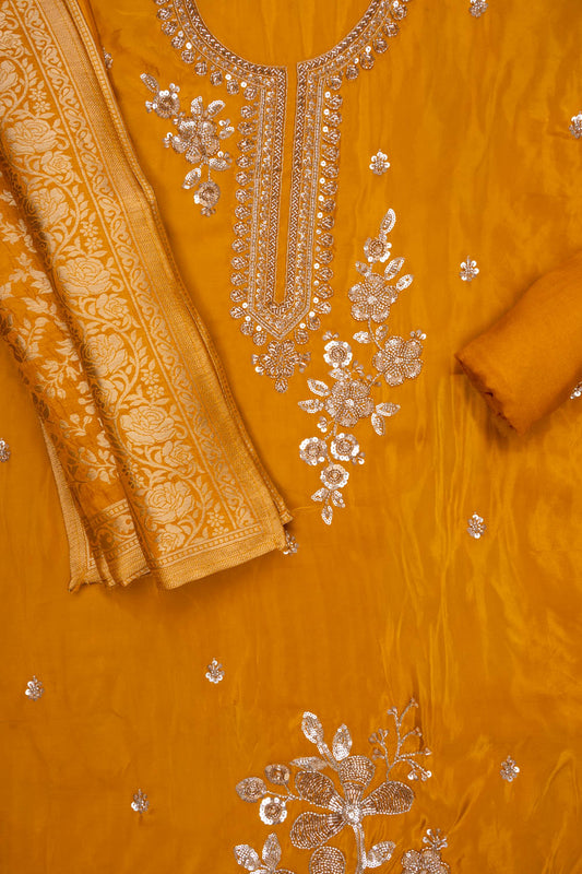 Raw Elegance Mustard Organza Unstitched Salwar Suit With Dola Dupatta