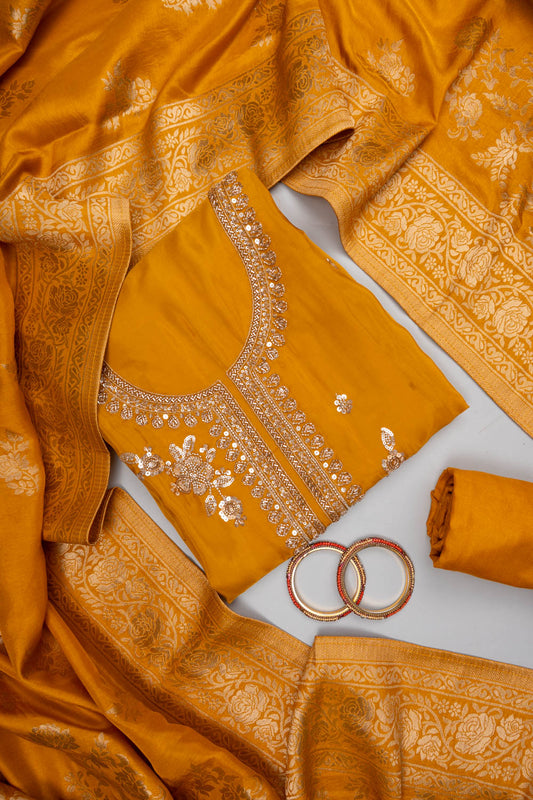 Raw Elegance Mustard Organza Unstitched Salwar Suit With Dola Dupatta