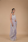 Mauve Sequence & Threadwork, Embroidered Designer Organza Saree With Unstitched Blouse