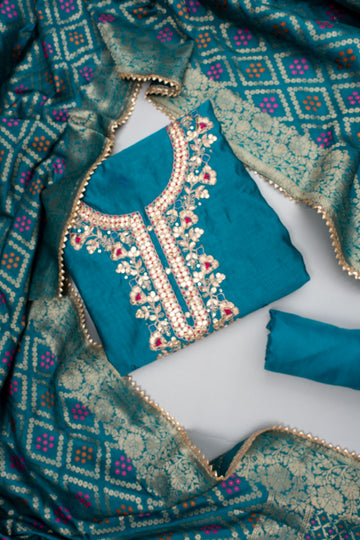 Mesmerizing Dark Firozi Chanderi Cotton Unstitched Salwar Suit With  Cotton Dupatta