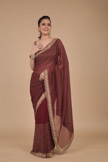 Garnet Sequence & Zari Work Georgette Saree With Unstitched Blouse