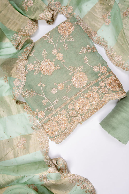 Mint Green Organza Unstitched Salwar Suit With Tissue Dupatta
