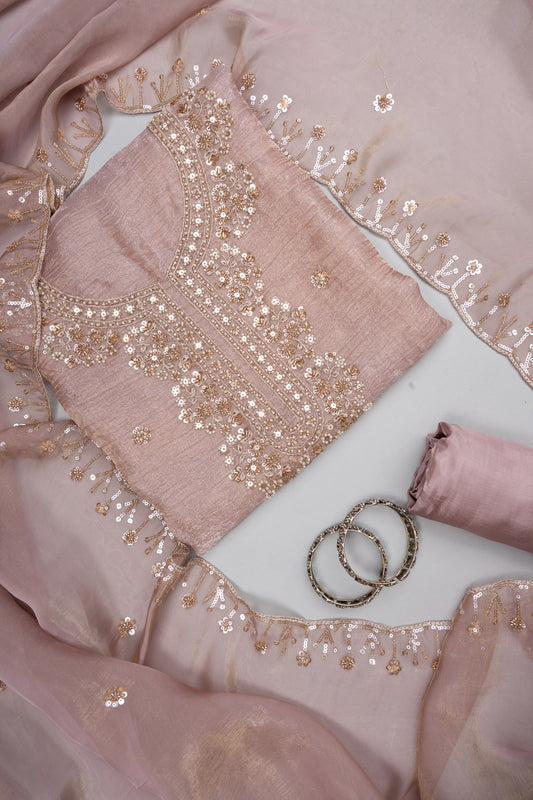 Delicate and Dreamy Mauve Organza Unstitched Salwar Suit With Organza Dupatta