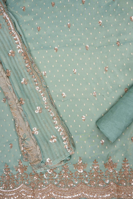 Royal Heritage Tea-Green Organza Unstitched Salwar Suit With Georgette Dupatta
