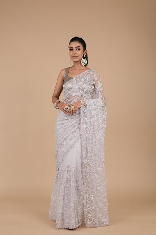 Ash.grey Sequence & Threadwork, Embroidered Net Saree With Unstitched Blouse