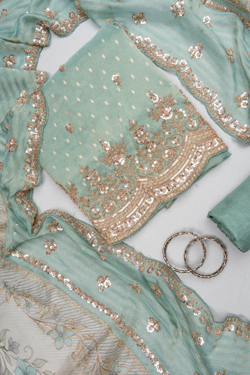 Royal Heritage Tea-Green Organza Unstitched Salwar Suit With Georgette Dupatta